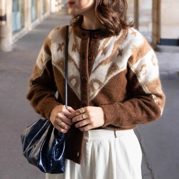 Sezane Margaux Cardigan Small Brown Camel Knit White Pink Wool Blend Sweater - Picture 4 of 9